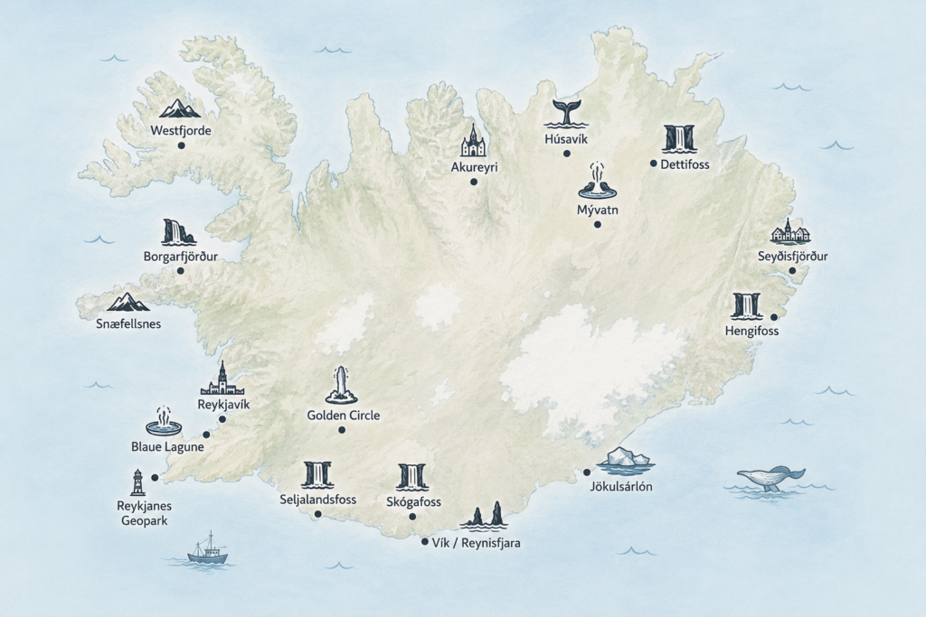 Alle wichtigen Attraktionen in Island auf einer Karte